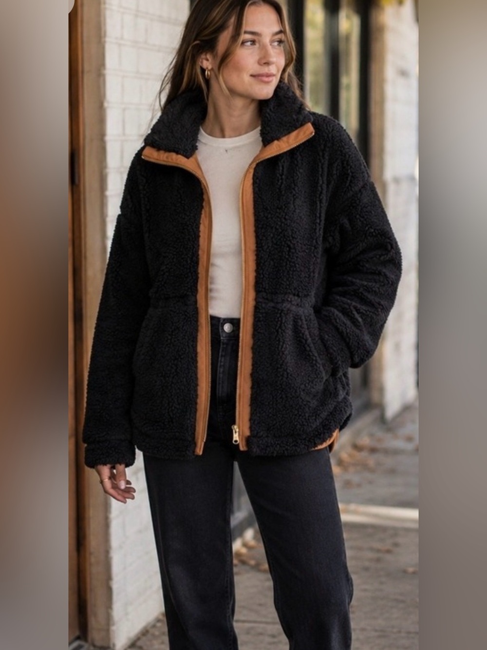 Summersalt Black Sherpa Zip-Front Jacket with brown Trim